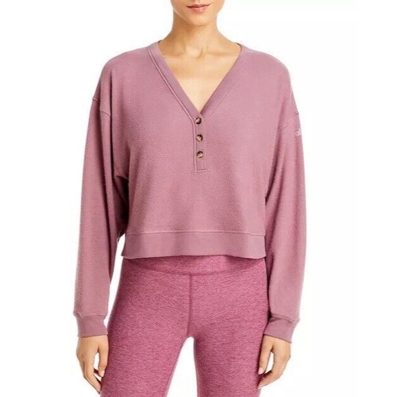 Alo Yoga Women's S/M Alolux Soho Crop Henley Top Sweatshirt Pullover Woodrose - Picture 1 of 9